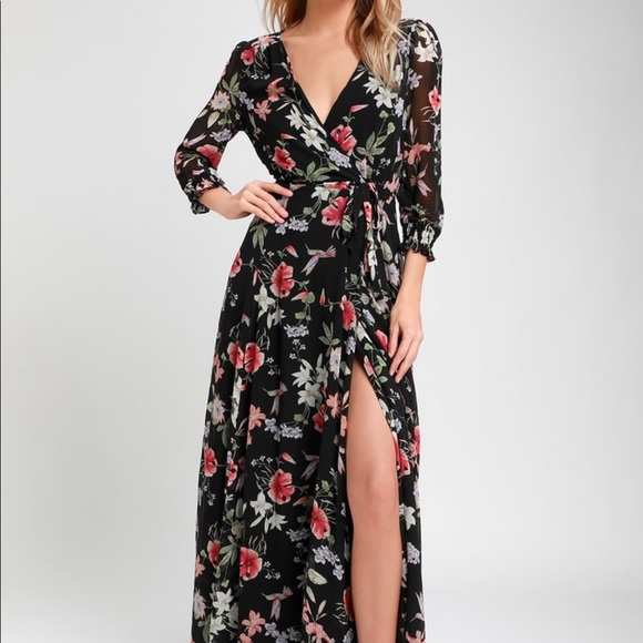 Lulus Dresses & Skirts - Awakened Black Floral Print Chiffon Maxi Wrap Dres